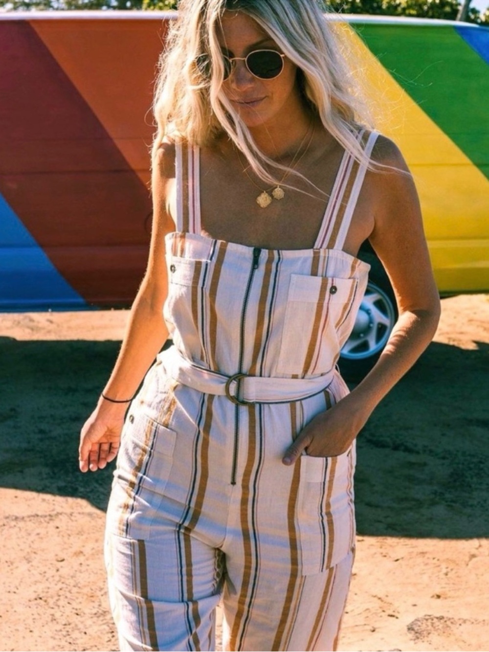 Billabong Cream Jumpsuit with Yellow and Tan Stripes